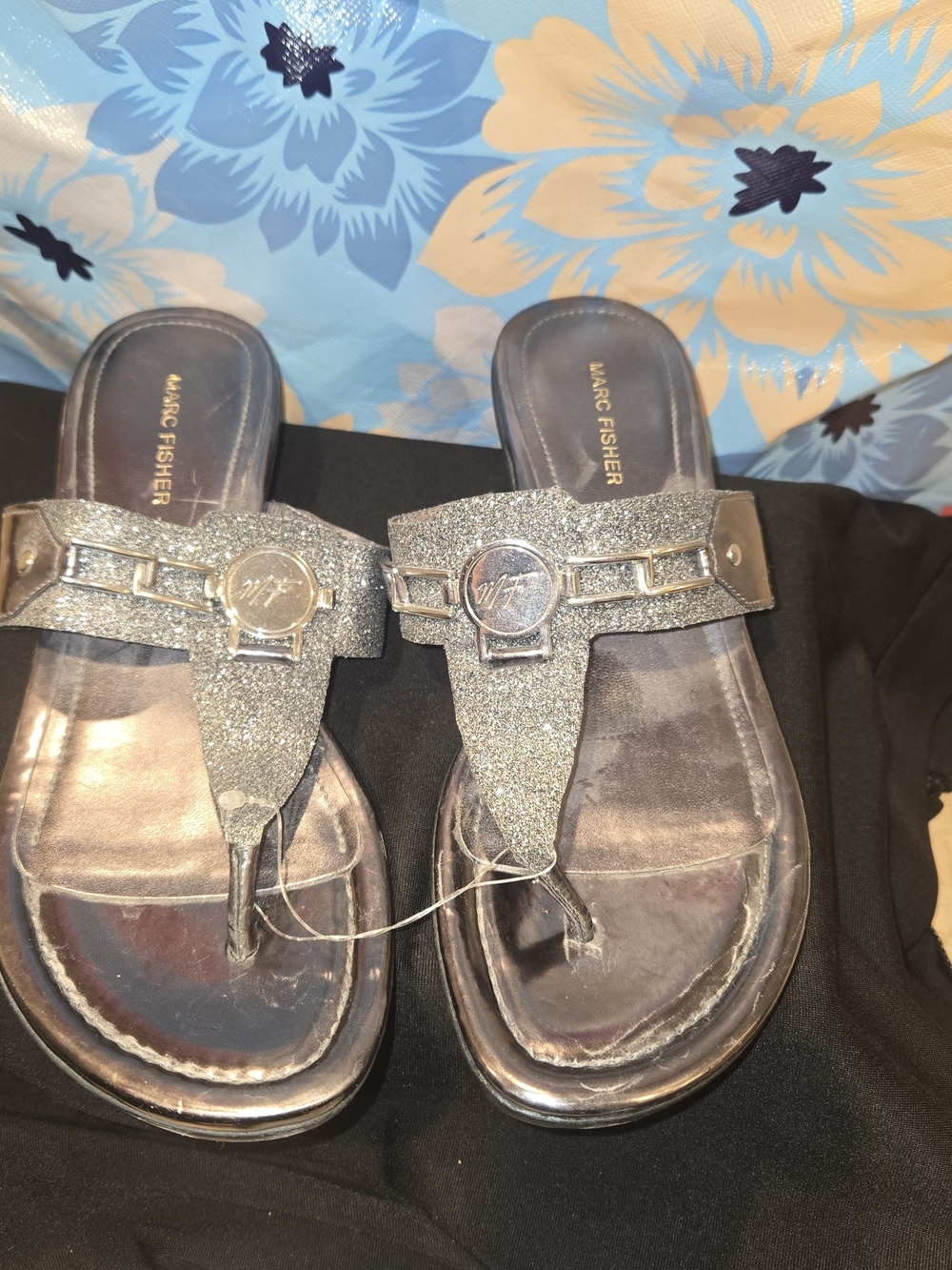 Marc Fisher Metallic Silver Sparkle Thong Sandals
